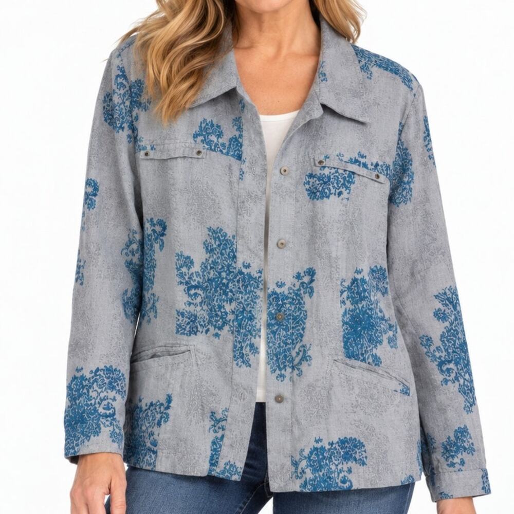 Coldwater Creek 20W Linen Shacket Blue Gray Watercolor Snap Shirt Jacket Boho